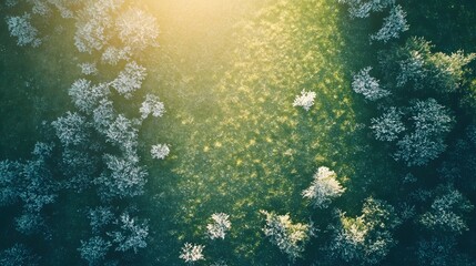 Aerial view of a frosty meadow with scattered patches of snow glowing softly in the early morning sunlight