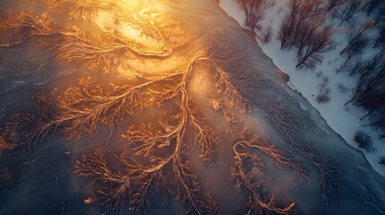 Aerial view of a frozen river delta with intricate branching patterns glowing softly under the golden winter sun