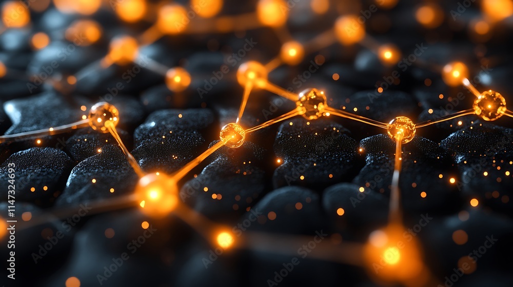 Poster illuminated connections: abstract network of glowing nodes and connections on a dark background. a m