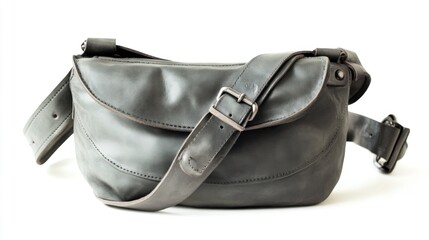 Naklejka premium Gray leather crossbody bag isolated on white.