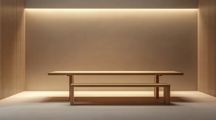 Minimalist wooden table and bench in a calm room