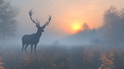 Majestic stag silhouetted at sunrise in a misty autumnal field.