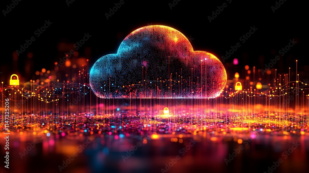 Poster cybersecurity cloud network: a vibrant, futuristic illustration of a cloud computing network with gl
