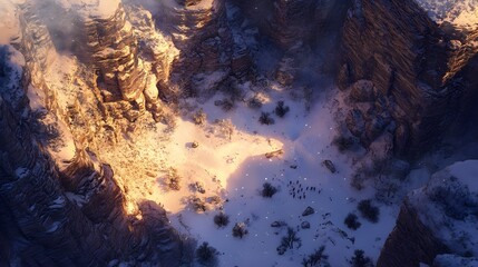 Top view of a frosty wadi surrounded by snowy cliffs and sparse vegetation glowing softly