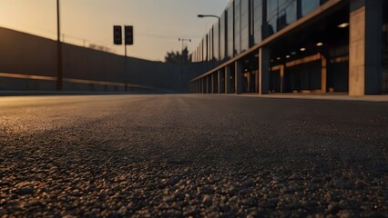 Sleek asphalt backdrop, illuminated by warm golden light, faint mist for atmosphere, minimalistic industrial vibe, low camera angle 