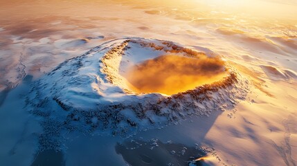 Fototapeta premium Aerial view of a snow-covered crescent dune glowing under the golden light of sunset, surrounded by frost-touched sands