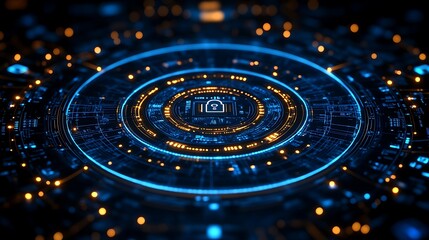 Cybersecurity Nexus: Futuristic digital interface with a central padlock icon, radiating concentric circles of glowing blue and gold energy. Abstract technological background for data protection.