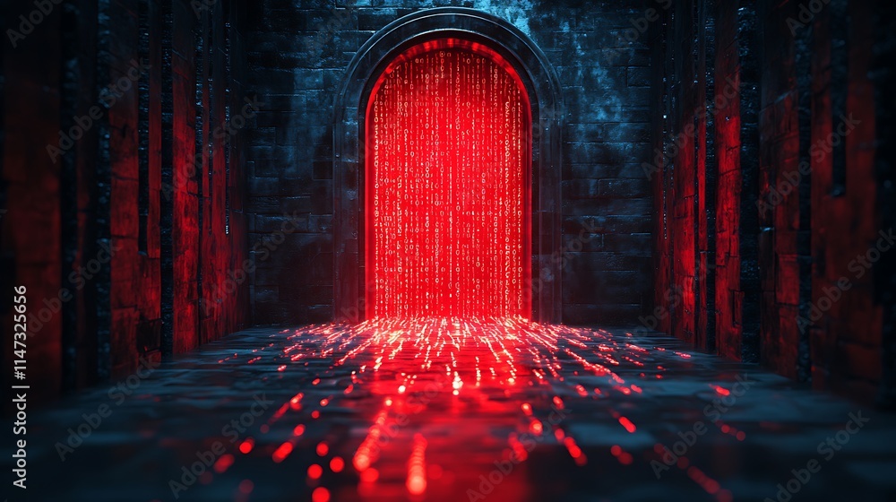 Poster crimson gateway: a digital art rendering of an ancient, arched gateway pulsating with vibrant crimso
