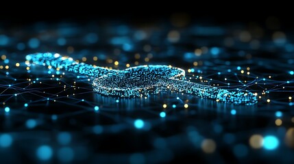Digital Symphony: Abstract key musical note formed by glowing particles on a dark background. Futuristic and technological concept.  