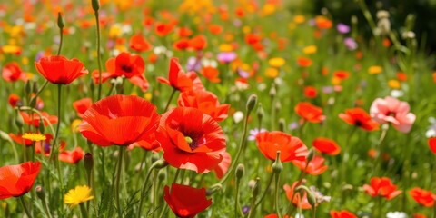 Fototapeta premium Vibrant red poppies blooming in a lush summer meadow under a clear blue sky, vibrant, flora, plant life