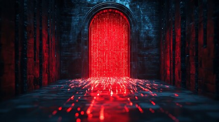 Crimson Gateway: A digital art rendering of an ancient, arched gateway pulsating with vibrant crimson energy, casting an ethereal glow on the stone floor.