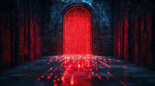 Crimson Gateway: A digital art rendering of an ancient, arched gateway pulsating with vibrant crimson energy, casting an ethereal glow on the stone floor.