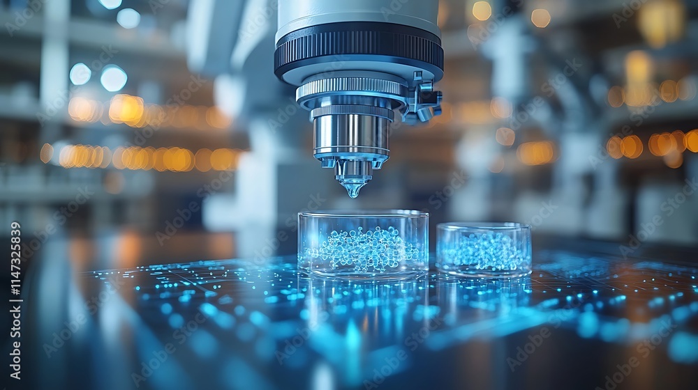 Poster precision automation: a close-up of a robotic arm meticulously printing a 3d object, showcasing the 