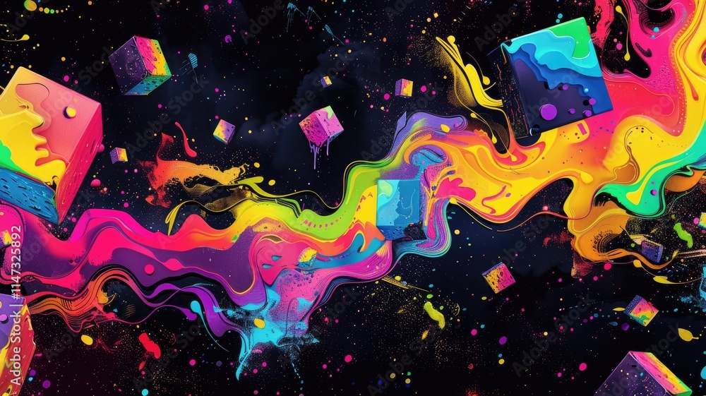 Aufkleber abstract art chaotic and energetic of mixed watercolor square object, burst of colorful light patter