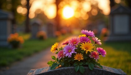 Bouquet of pink and yellow flowers on a tombstone at sunset.Remembrance. Serenity. Eternal Love.Memorial scene, funeral service banner, peaceful cemetery view.


