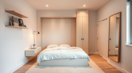 Minimalist Bedroom Design With Built In Storage And White Bed