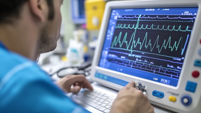 Heart specialist using an ECG machine to monitor heart rate during a medical diagnosis in a hospital cardiology department