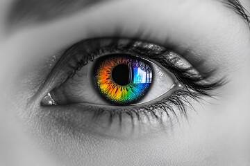 Close-up of a human eye with a colorful, rainbow iris.