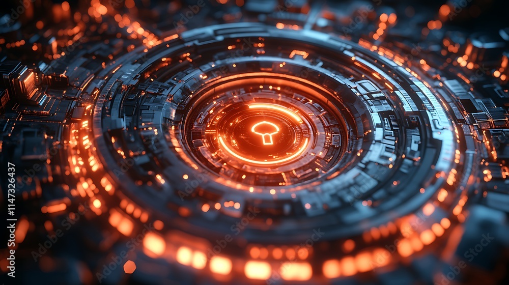 Poster cybernetic key: a mesmerizing close-up of a glowing orange key icon within a complex, intricate meta
