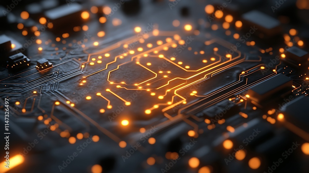 Poster circuitry glow: a mesmerizing close-up of a circuit board, illuminated by warm orange lights, showca