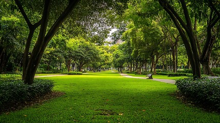 Fototapeta premium A green urban park with a variety of trees planted strategically along walking paths, offering a peaceful retreat in the middle of the city. 