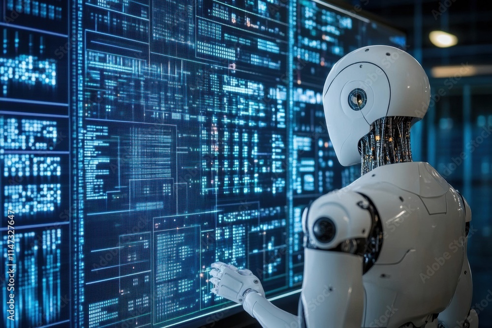 Aufkleber Human and AI work together to analyze data on a digital interface in a modern technology environment. Generative AI
