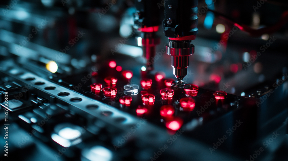 Poster high-tech machinery working with glowing components in a dimly lit setting.