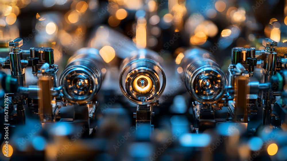 Poster detled close-up of mechanical components with gleaming metallic surfaces.