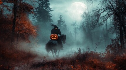 Fototapeta premium Dark figure rides horse, carrying jack-o'-lantern, autumnal forest.