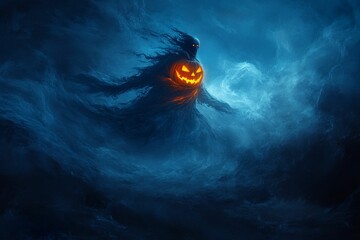 Glowing jack-o'-lantern, shadowy figure, swirling dark blue background.
