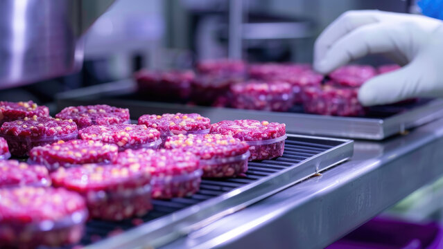 Laboratory worker examining a piece of raw meat for research or food testing