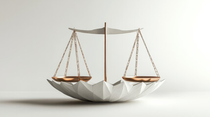 Obraz premium A refined depiction of a justice scale made of matte silver and brushed copper, showcasing sleek geometric embellishments, ornate yet minimalist aesthetic
