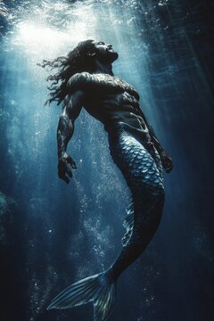 Submerged male figure with long hair and fish tail.