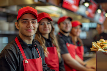 Group of Canada workers at a fast food establishment, photography of the team with a fast food restaurant background.