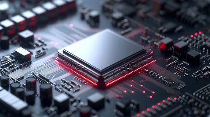 Fototapeta premium Detled close-up of a computer chip on a circuit board illuminated by red lights. 