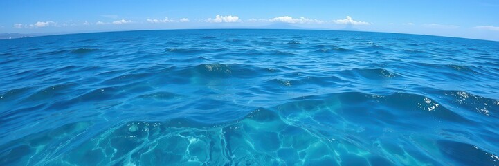 Fototapeta premium A breathtaking wide-angle shot of the ocean showcasing the crystal blue waters, distant horizon, and clear blue sky above, peaceful, ocean, wide-angle