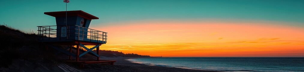 Fototapeta premium Sunset view of a lifeguard tower on a beach.
