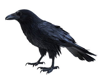 Fototapeta premium Realistic Black Raven with Glossy Feathers and Sharp Beak Perched Elegantly Against a White Background
