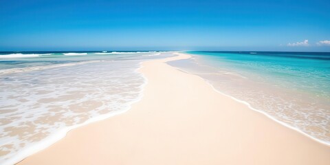 Obraz premium A serene ocean view with crystal clear waters, sandy beach, and lush greenery, sandy beach, ocean, idyllic