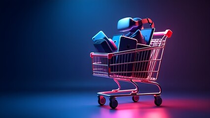 A shopping cart with tech gadgets under glowing neon lights