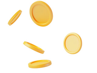 Flying Yellow Coins in Motion Against a Transparent Background for Financial Concepts and Marketing Use