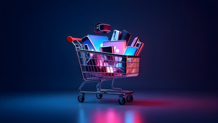 A shopping cart with tech gadgets under glowing neon lights