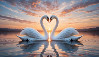 Swans Forming Heart Shape on a Calm Water Surface at Sunset