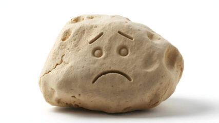 A sandy rock with a carved sad face on its rough surface, showcasing the gritty texture and realistic carved details, isolated on a white background, ultra-detailed in 8K