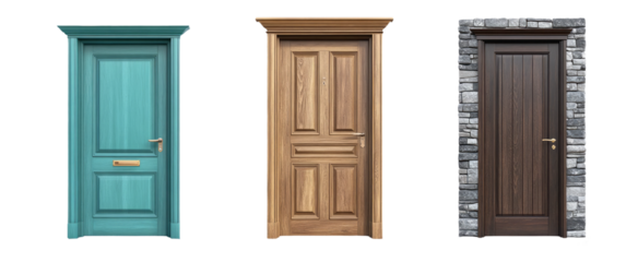 3 different doors in the same size, isolated on a transparent PNG white background