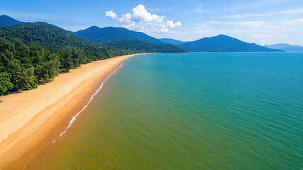 A serene beach landscape featuring golden sand, turquoise water, lush greenery, and distant mountains under a clear blue sky.