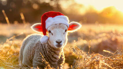 Cute Lamb Wearing Santa Hat at Sunset