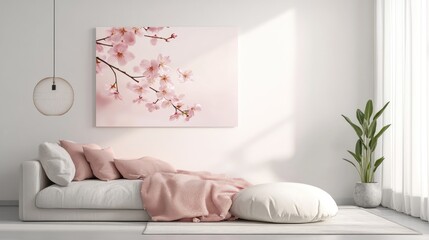 Pink Blossom Artwork Decorates Minimalist Living Space
