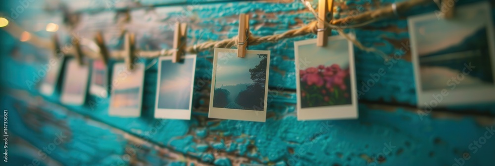 Poster Polaroid memories showcased on twine with clothespins against a rustic wooden backdrop in a creative display. Generative AI
