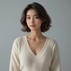 Fototapeta premium A Women Wearing Cream-Colored Knitted Sweater
